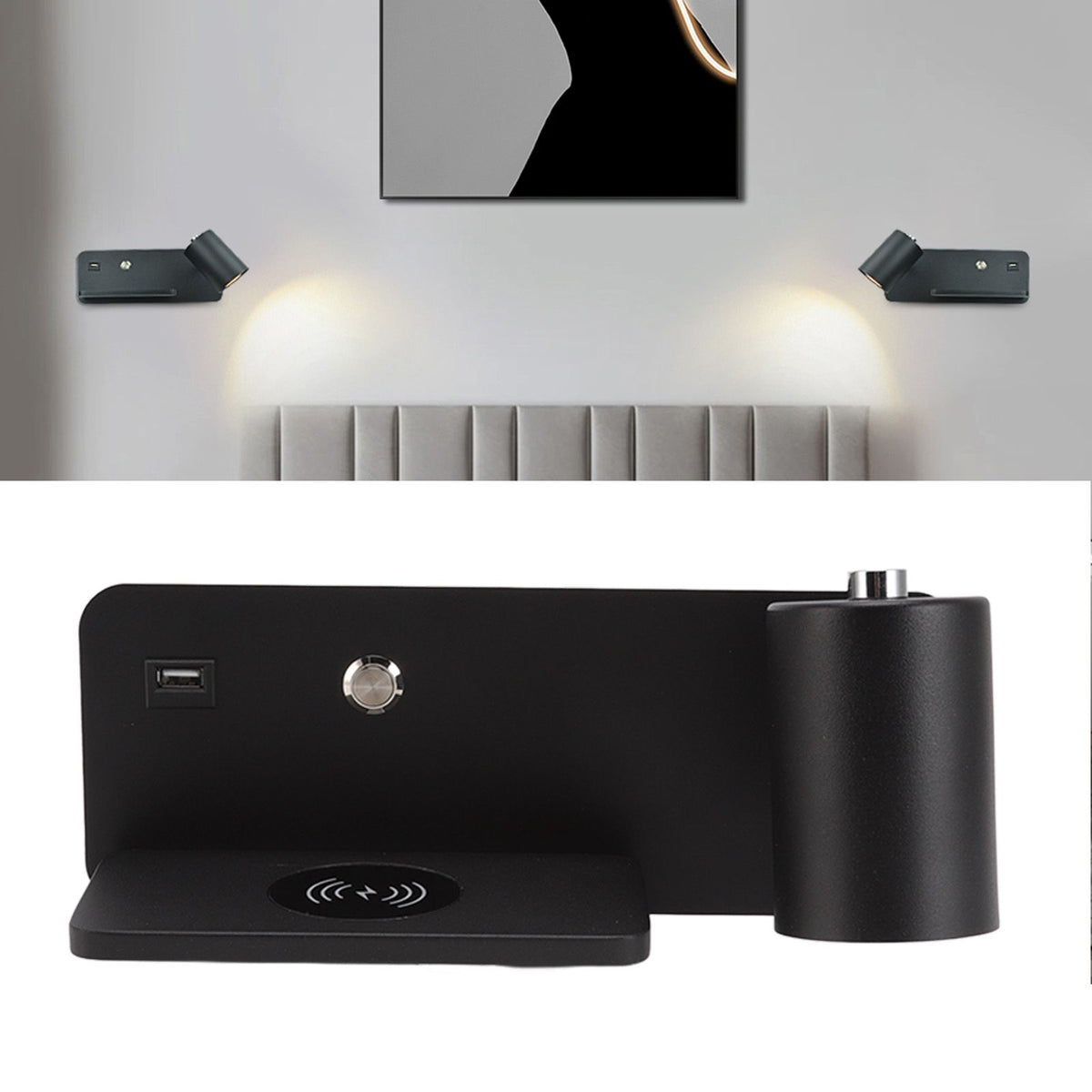 LED Wall Light USB Interface Wireless Charging LED Wall Lamp for Living Room Bedroom 85‑265V Black Right