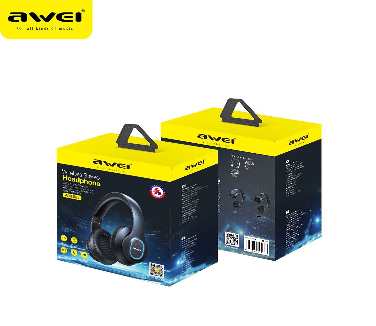 AWEI A100BL Foldable Bluetooth Over‑Ear Headphones, HiFi Stereo,black