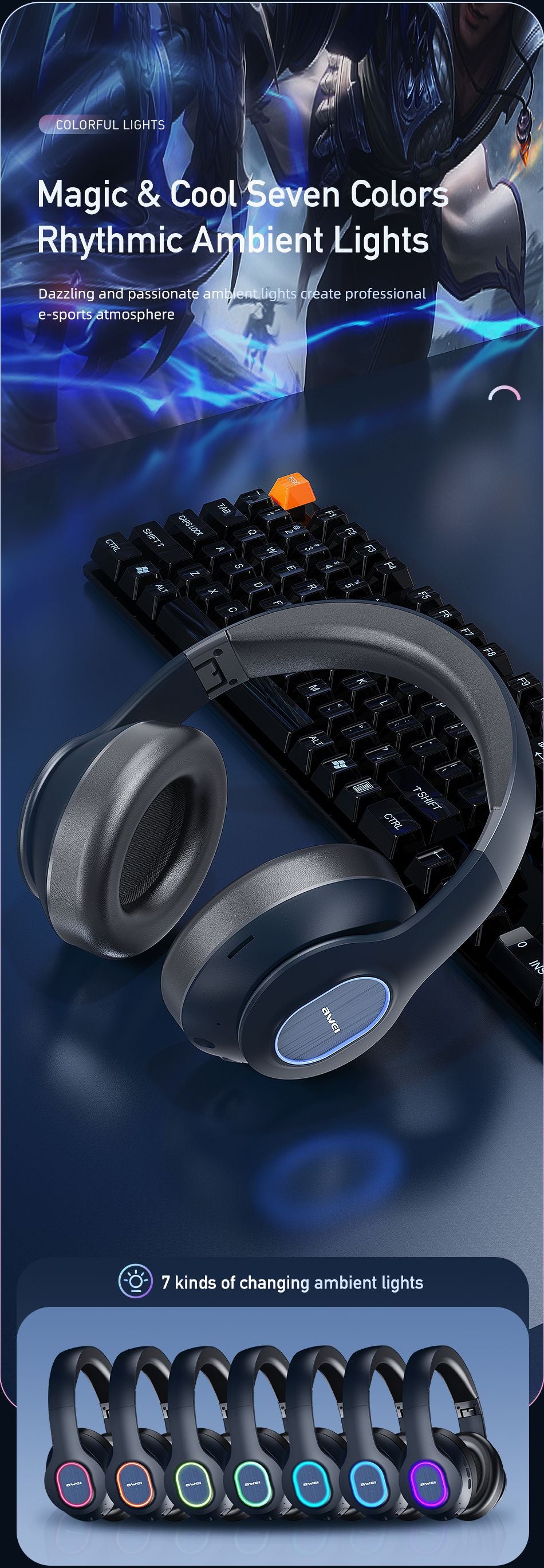 AWEI A100BL Foldable Bluetooth Over‑Ear Headphones, HiFi Stereo,black