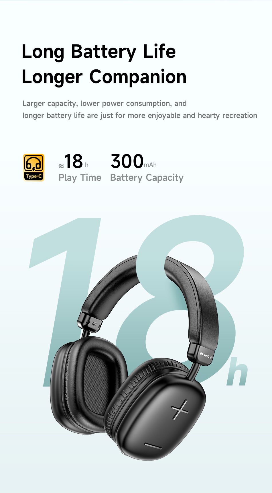 AWEI AT6 Wireless Bluetooth Over‑Ear Headphones, 40mm Driver Stereo Headset, black