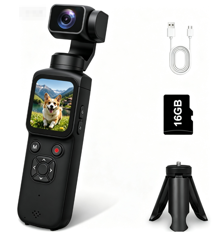 AT-M105 Pocket Gimbal Vlog Camera, 4K HD Handheld Video Camera,black,16GB