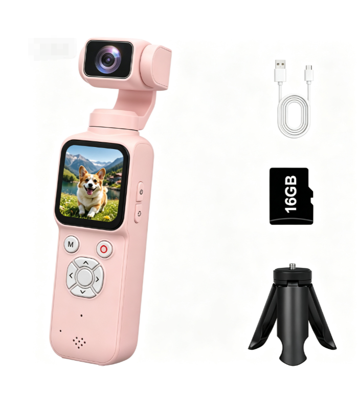 AT-M105 Pocket Gimbal Vlog Camera, 4K HD Handheld Video Camera,pink,16GB