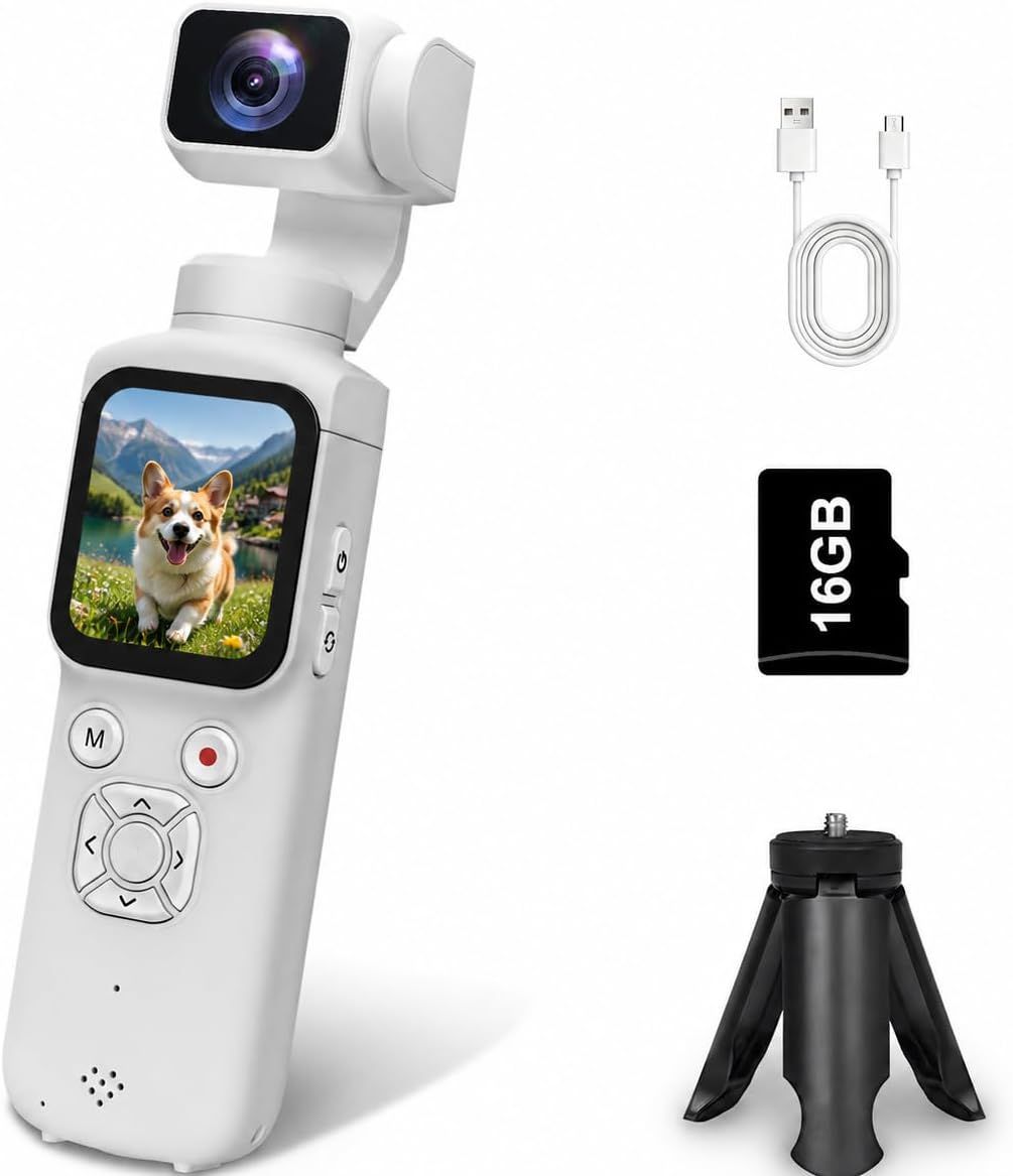 AT-M105 Pocket Gimbal Vlog Camera, 4K HD Handheld Video Camera,white,16GB