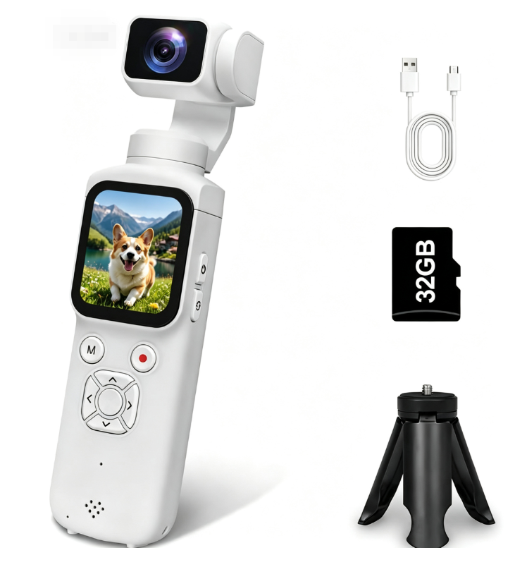 AT-M105 Pocket Gimbal Vlog Camera, 4K HD Handheld Video Camera,white,32GB