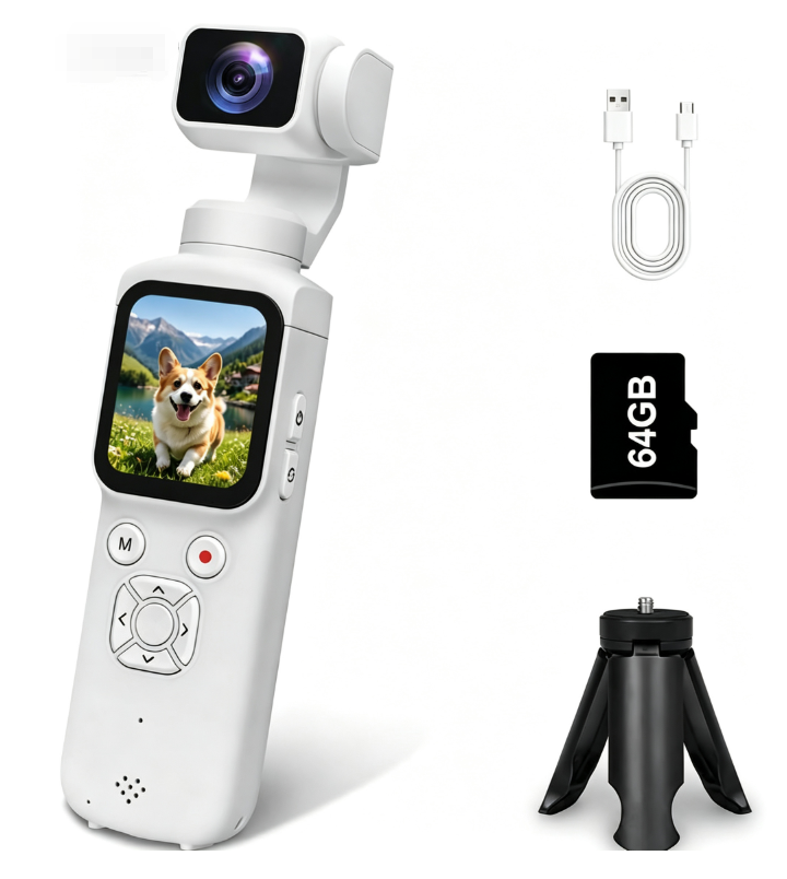 AT-M105 Pocket Gimbal Vlog Camera, 4K HD Handheld Video Camera,white,64GB