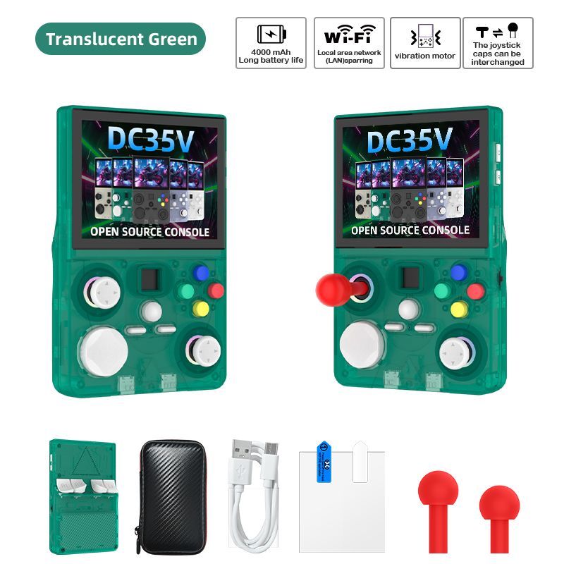 DC35V Retro Handheld Game Console, 3.5‑Inch IPS Screen Open Source Linux System,Translucent green