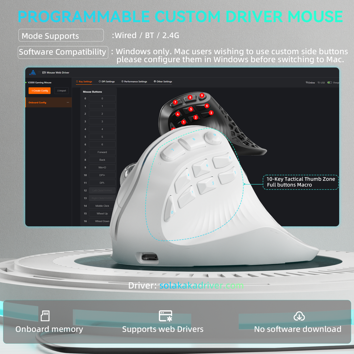 Solakaka E9 3 Mode Vertical Ergonomic Mouse, white