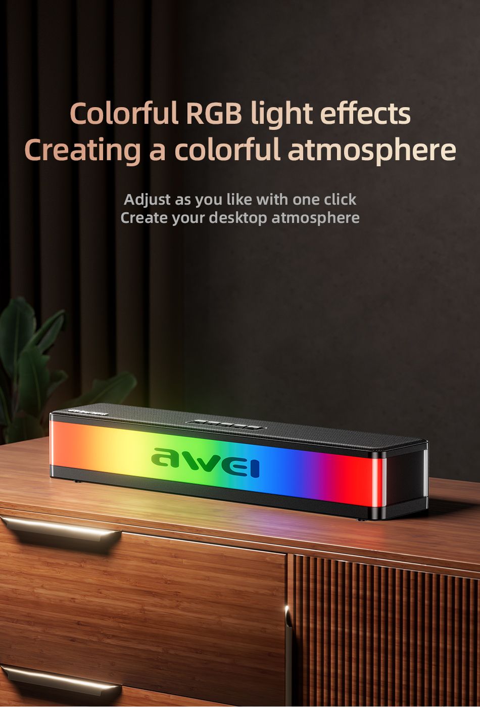 AWEI KA23 Wireless Bluetooth Soundbar, RGB Dynamic Lighting Stereo Speaker,black