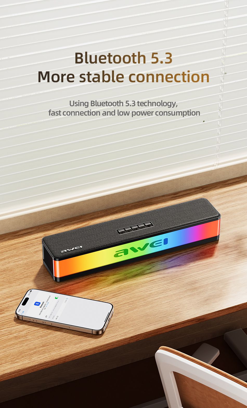AWEI KA23 Wireless Bluetooth Soundbar, RGB Dynamic Lighting Stereo Speaker,black