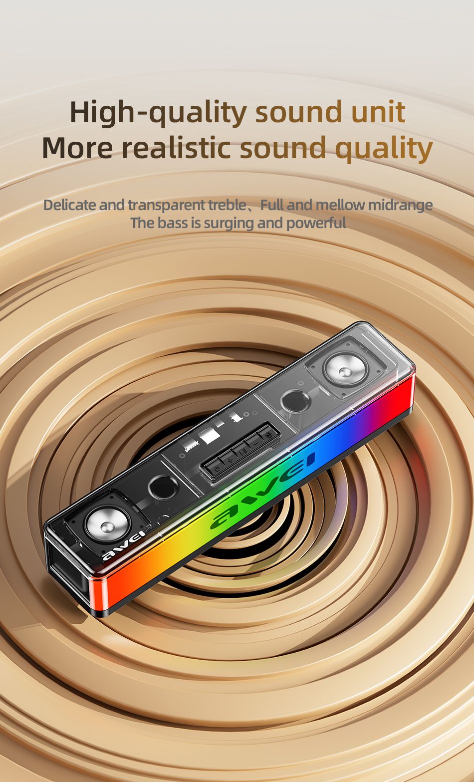 AWEI KA23 Wireless Bluetooth Soundbar, RGB Dynamic Lighting Stereo Speaker,black