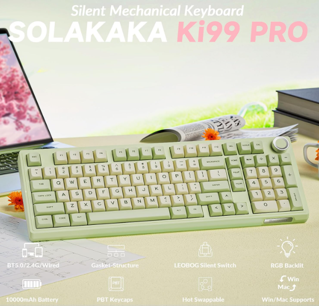 Solakaka Ki99pro 3‑Mode RGB Mechanical Keyboard, Avocado-Green