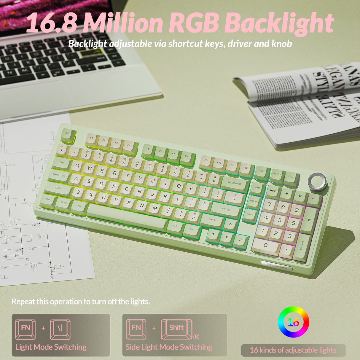 Solakaka Ki99pro 3‑Mode RGB Mechanical Keyboard, Avocado-Green