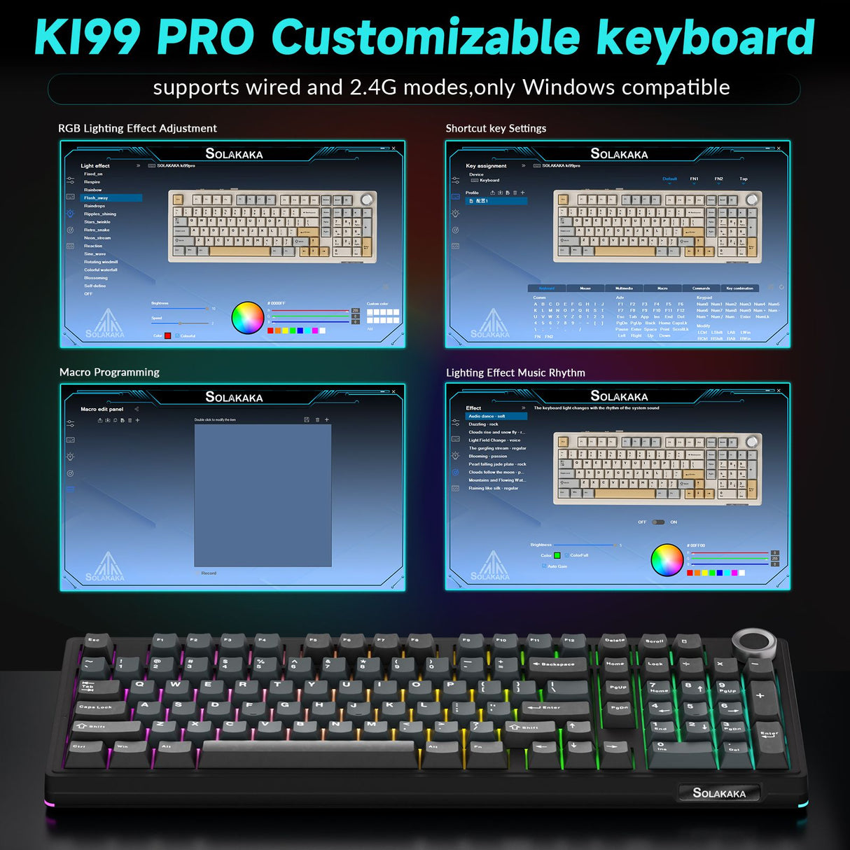 Solakaka Ki99pro 3‑Mode RGB Mechanical Keyboard, Gray‑Blue