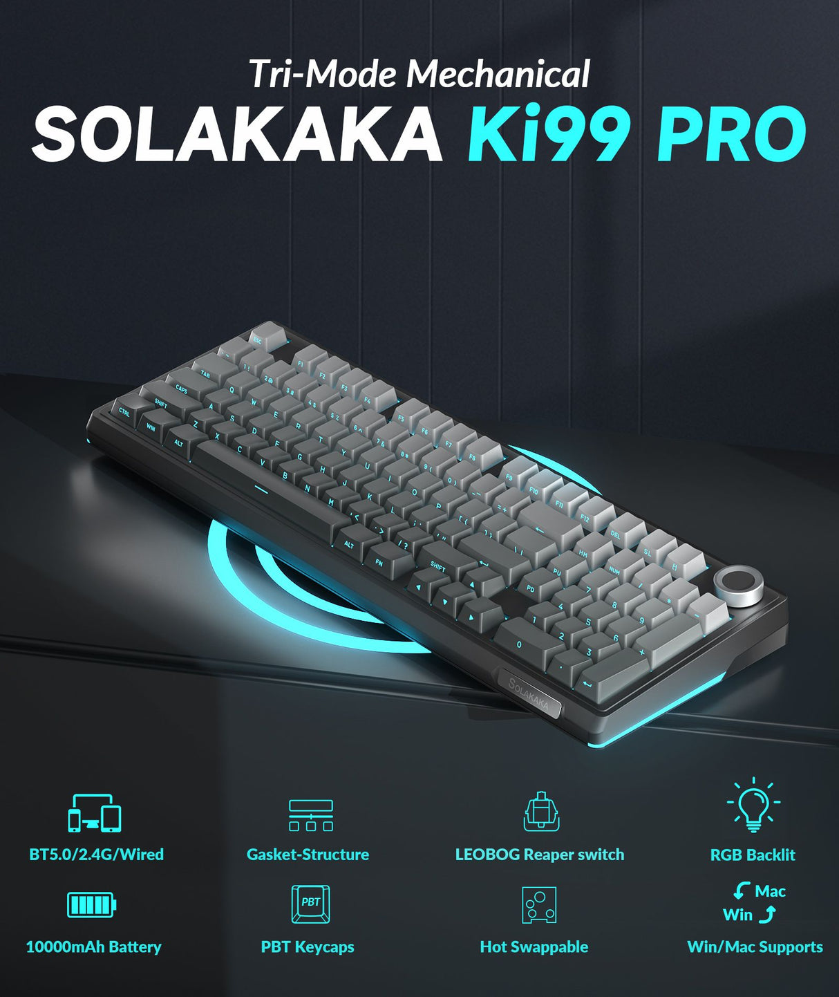 Solakaka Ki99pro 3‑Mode RGB Mechanical Keyboard, Gradient-Gray