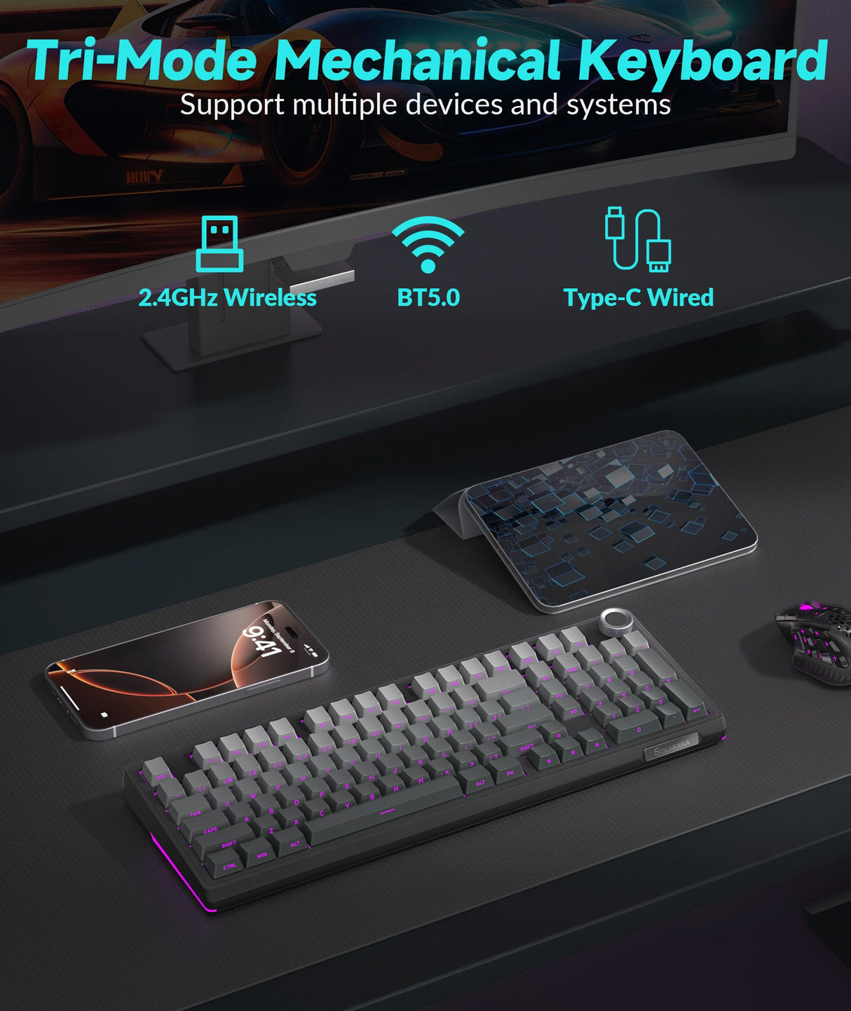 Solakaka Ki99pro 3‑Mode RGB Mechanical Keyboard, Gradient-Gray