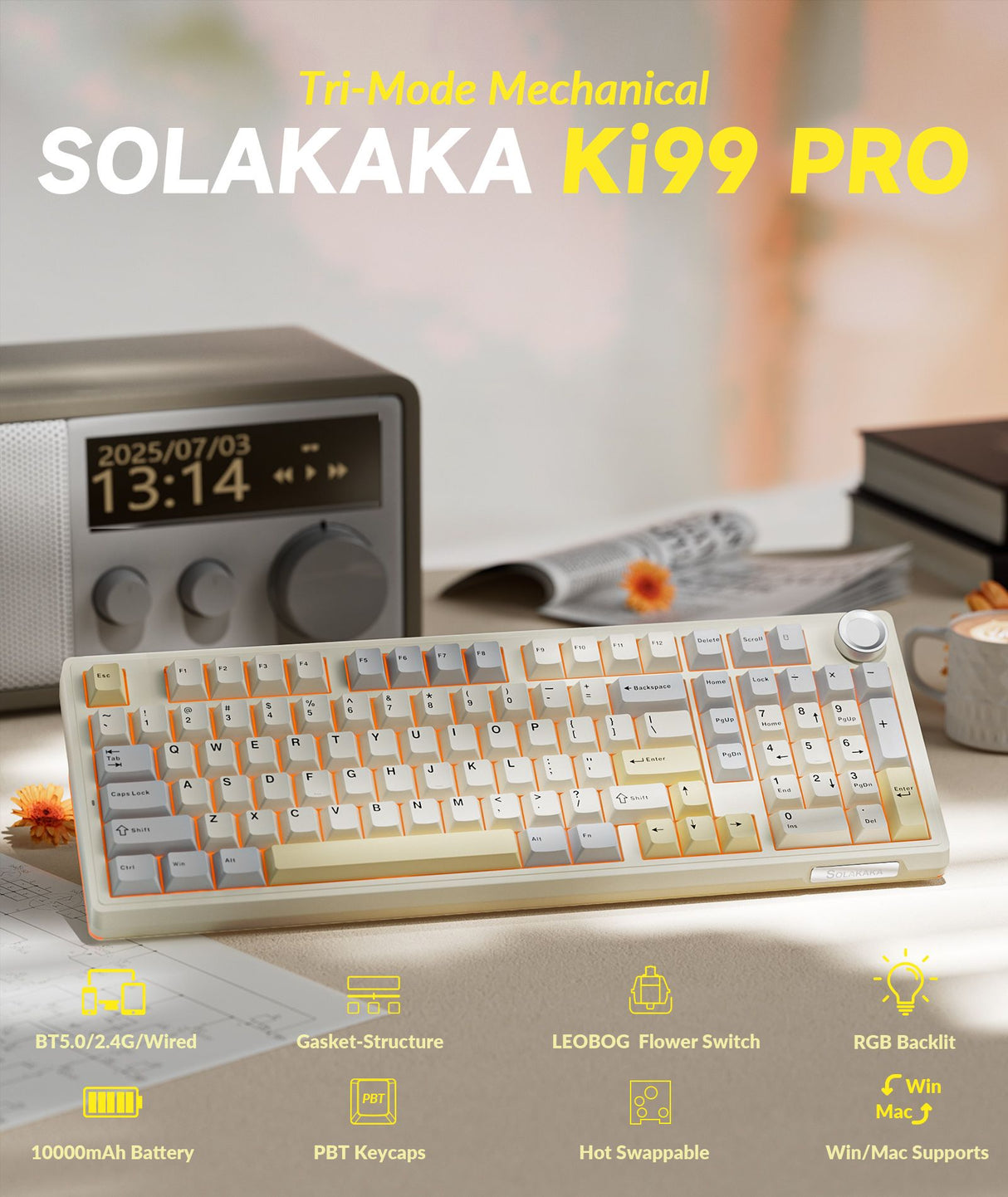 Solakaka Ki99pro 3‑Mode RGB Mechanical Keyboard, Orange-White