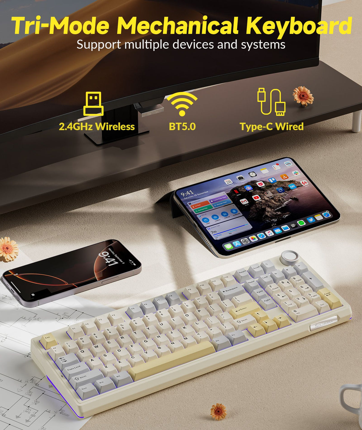 Solakaka Ki99pro 3‑Mode RGB Mechanical Keyboard, Orange-White