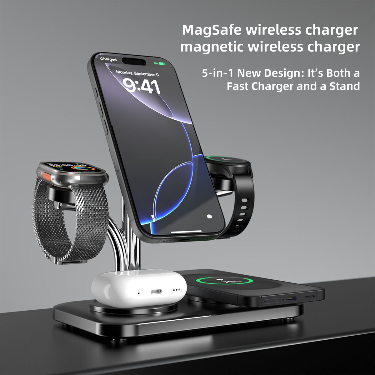 OC22 5-in-1 Wireless Charging Stand Multi Device Fast Charging Dock,black