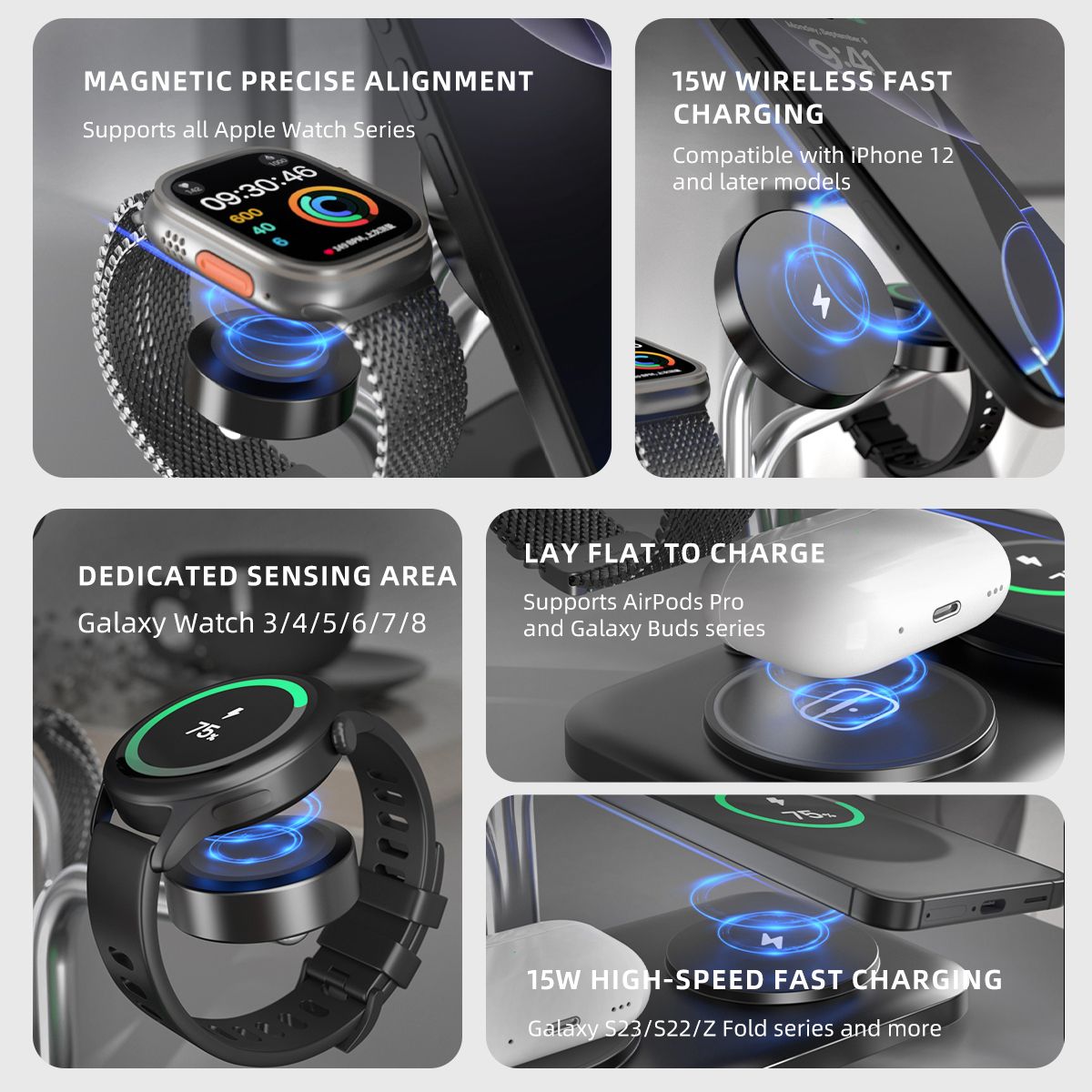 OC22 5-in-1 Wireless Charging Stand Multi Device Fast Charging Dock,white