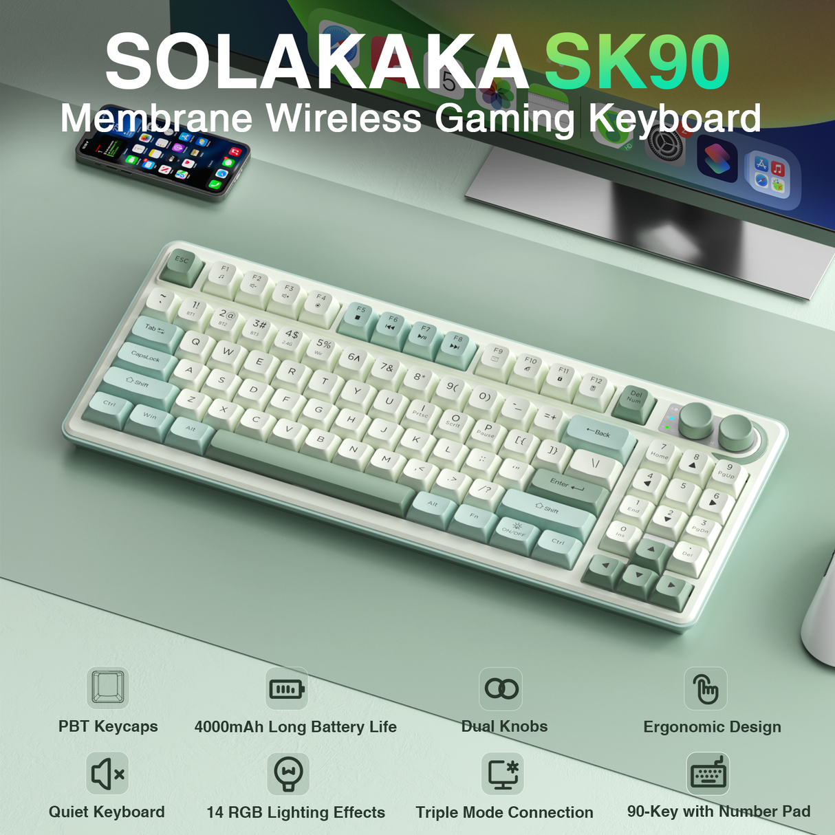 SOLAKAKA SK90 75% Compact Wireless Keyboard with Independent Number Pad,Green & White