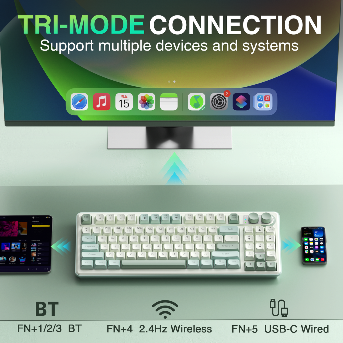 SOLAKAKA SK90 75% Compact Wireless Keyboard with Independent Number Pad,Green & White