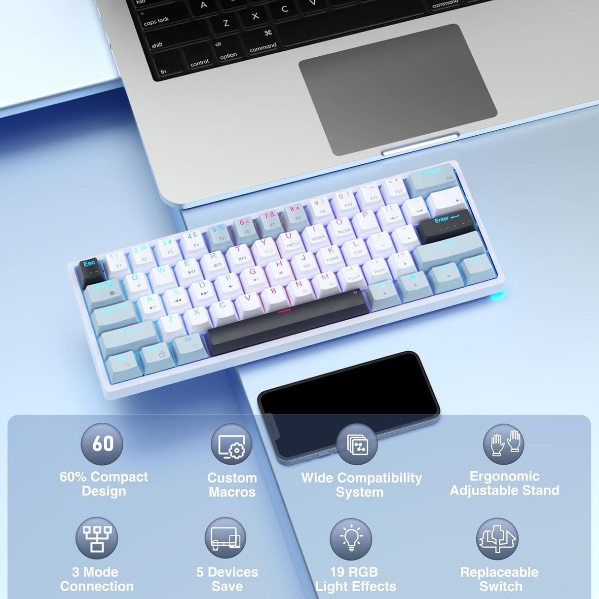 SOLAKAKA SK961 Tri-Mode Wireless RGB Backlit Mechanical Gaming Keyboard,white&blue