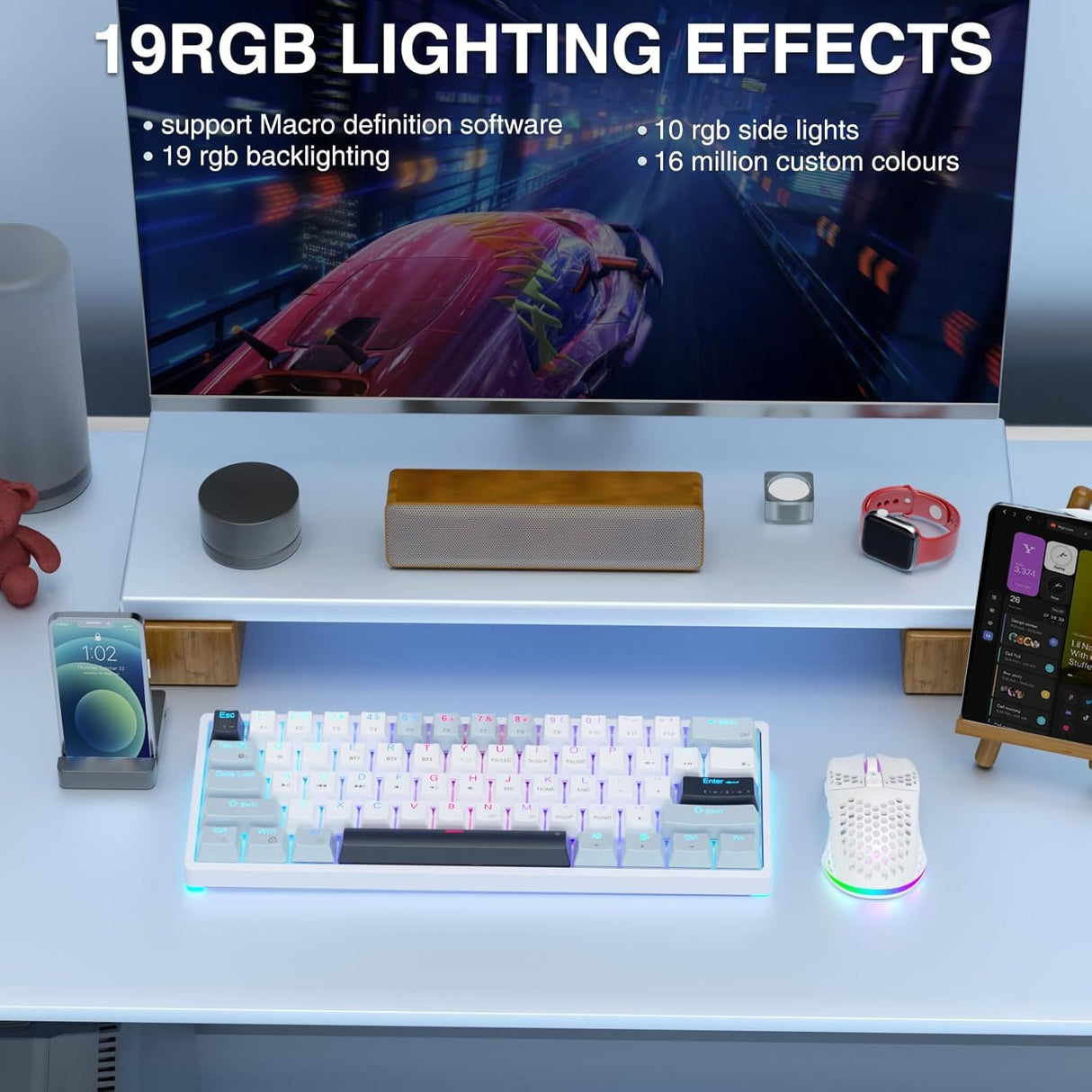 SOLAKAKA SK961 Tri-Mode Wireless RGB Backlit Mechanical Gaming Keyboard,white&blue