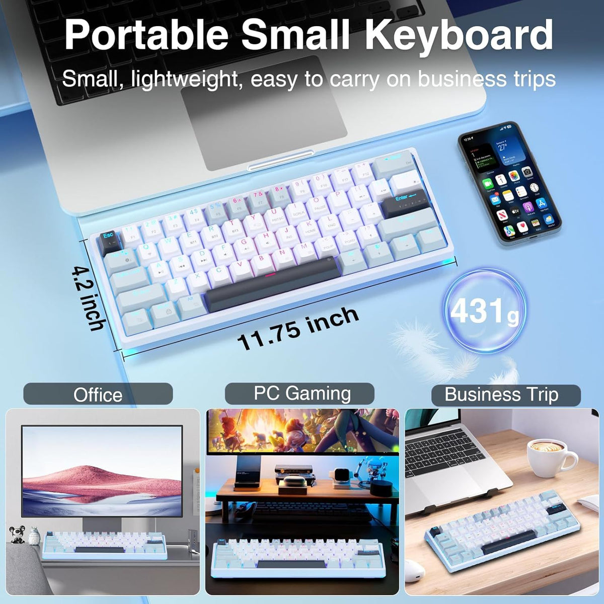 SOLAKAKA SK961 Tri-Mode Wireless RGB Backlit Mechanical Gaming Keyboard,white&blue
