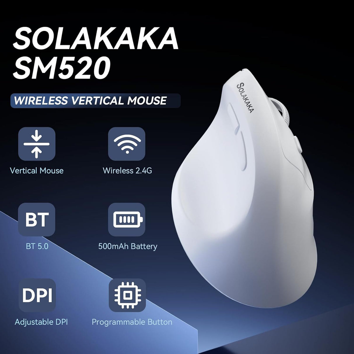 SOLAKAKA SM520 Tri-Mode Vertical Ergonomic Mouse, 24000 DPI Programmable Wireless Vertical Mouse,white