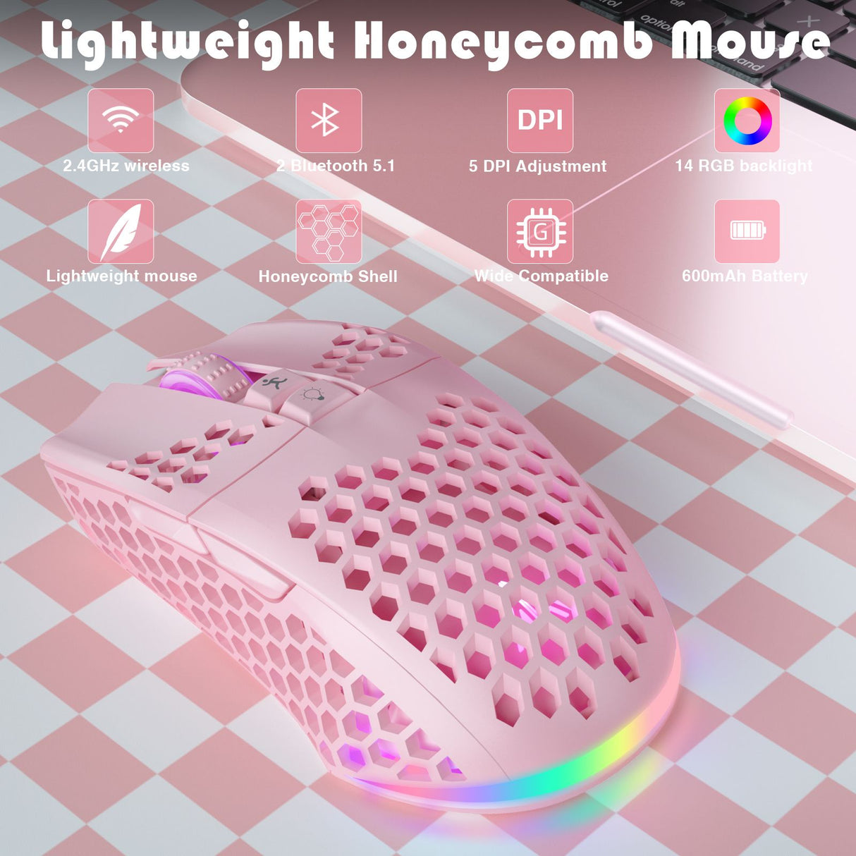 SOLAKAKA SM600 Honeycomb Shell Gaming Mouse Wireless,pink