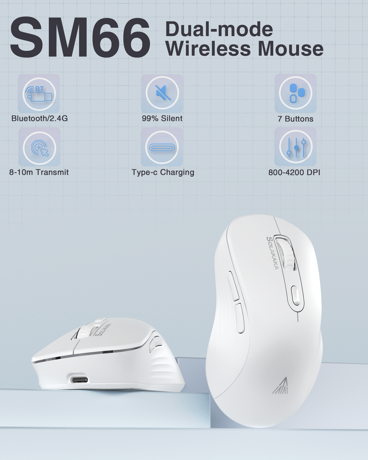 SM66 Dual Mode Wireless Gaming Mouse, Rechargeable RGB Ergonomic Mice with Adjustable DPI ,white