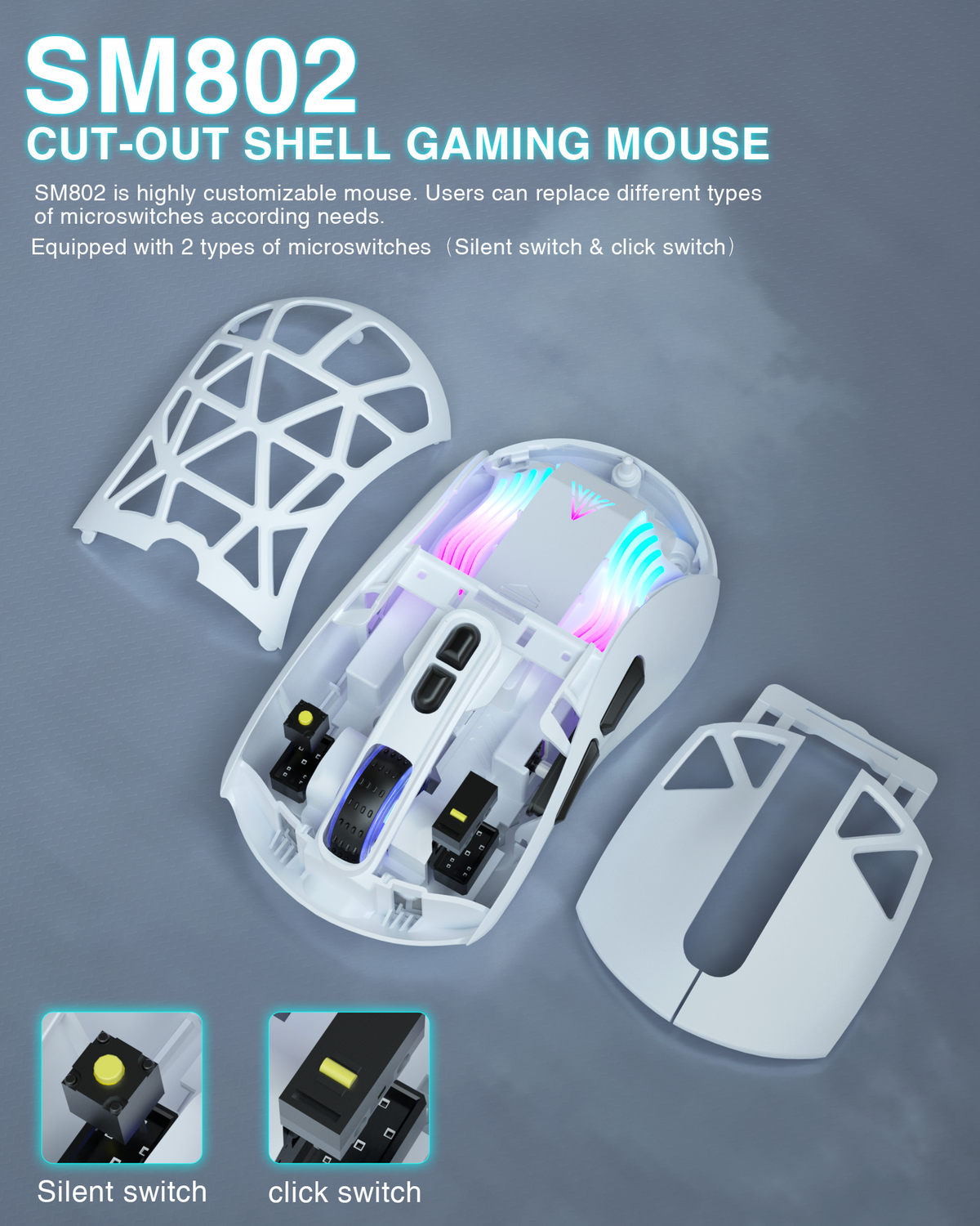 SM802 Tri‑Mode Gaming Mouse, Adjustable DPI, RGB Backlight, Ergonomic Wireless Mouse,white