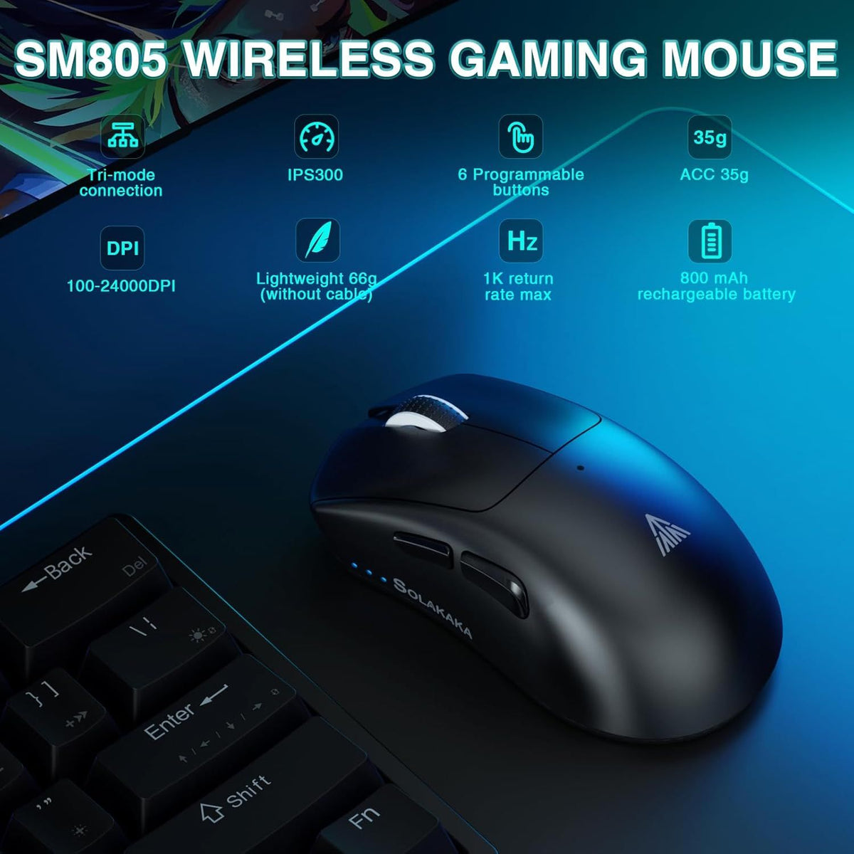 SOLAKAKA SM805 Tri-Mode Lightweight Wireless Gaming Mouse, 24000 DPI with Two Side Buttons,black
