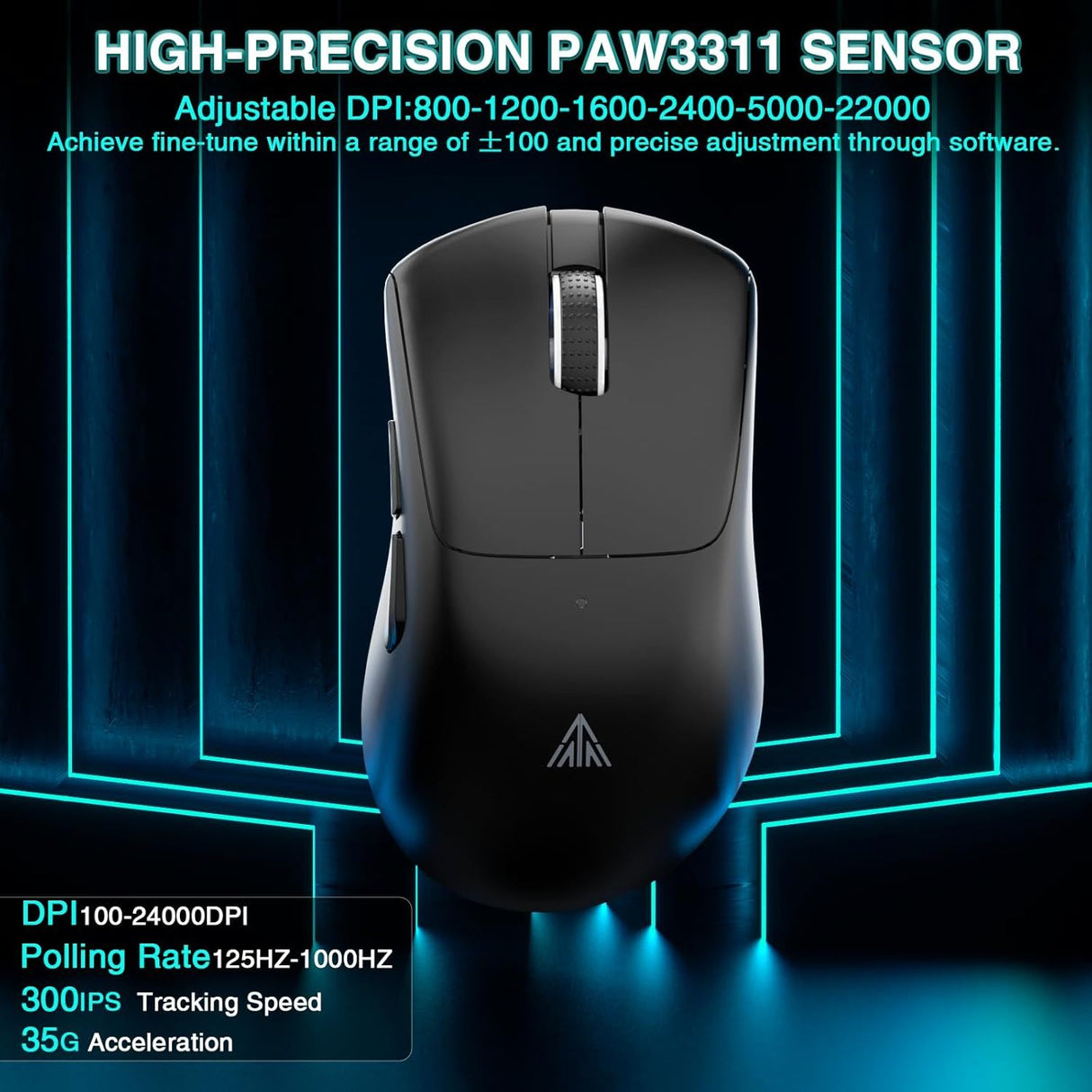 SOLAKAKA SM805 Tri-Mode Lightweight Wireless Gaming Mouse, 24000 DPI with Two Side Buttons,black