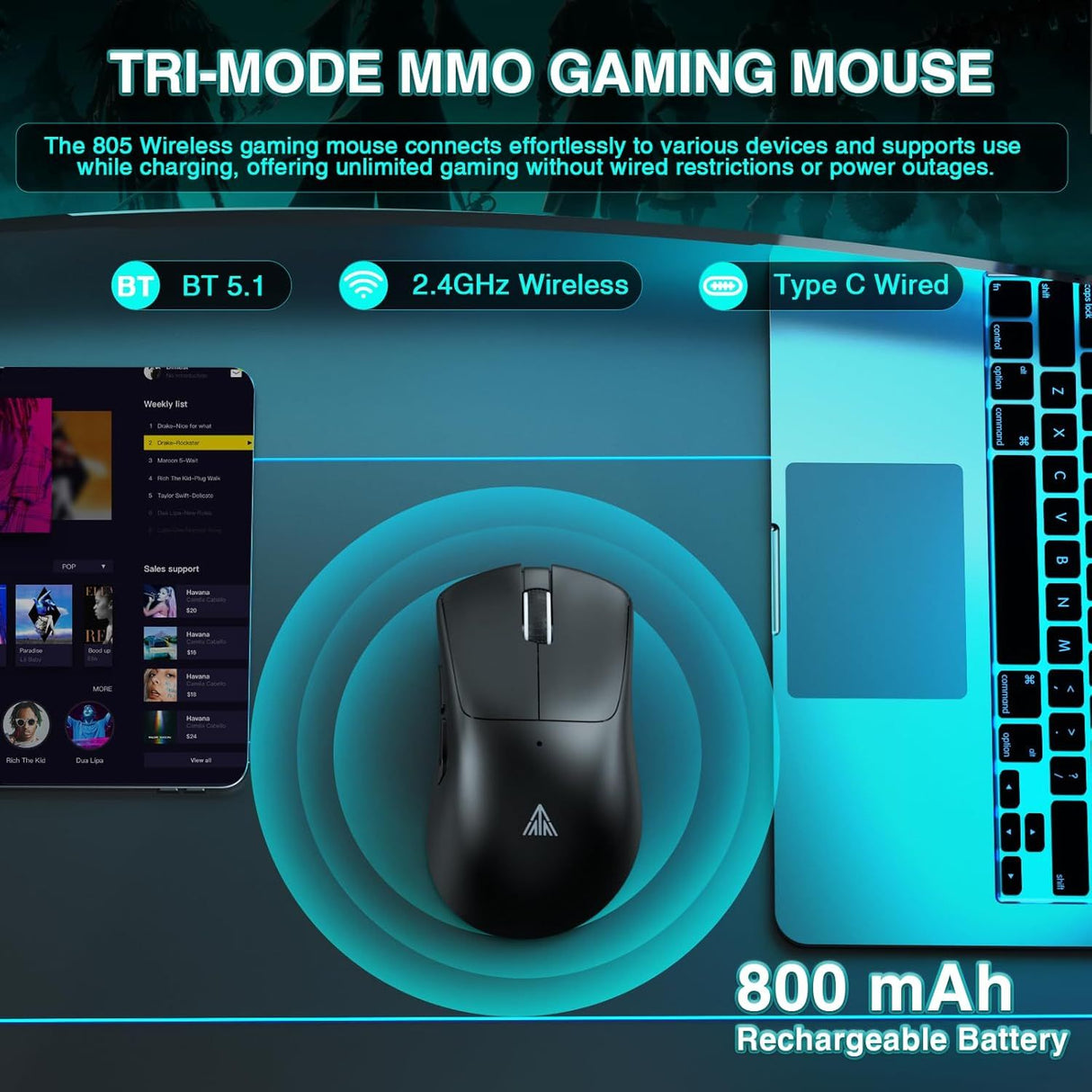 SOLAKAKA SM805 Tri-Mode Lightweight Wireless Gaming Mouse, 24000 DPI with Two Side Buttons,black
