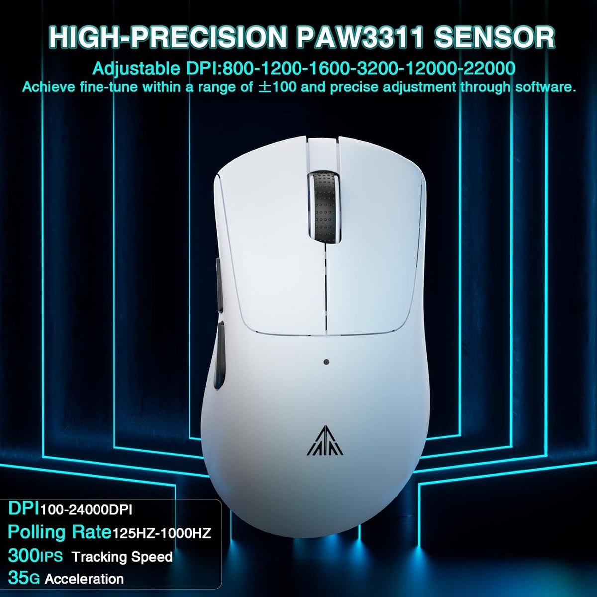 SOLAKAKA SM805 Tri-Mode Lightweight Wireless Gaming Mouse, 24000 DPI with Two Side Buttons,white