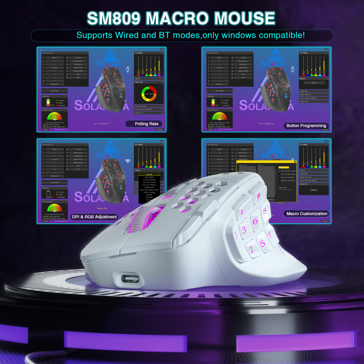 SM809pro Tri-Mode Wireless Gaming Mouse, Adjustable DPI RGB Backlight,white