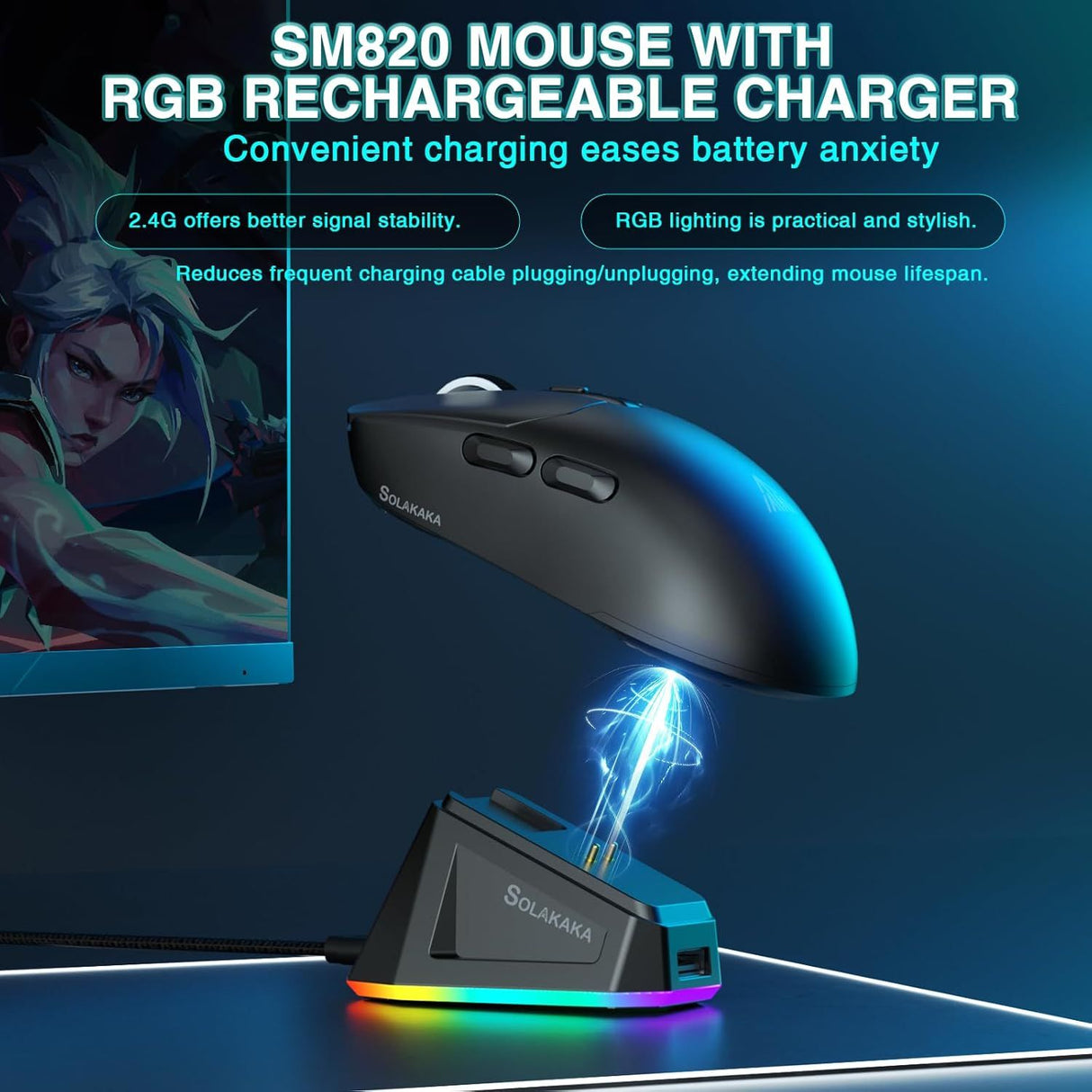 SOLAKAKA SM820 Wireless Gaming Mouse with RGB Charging Dock,24000 DPI Tri-Modes Wireless Mouse,black