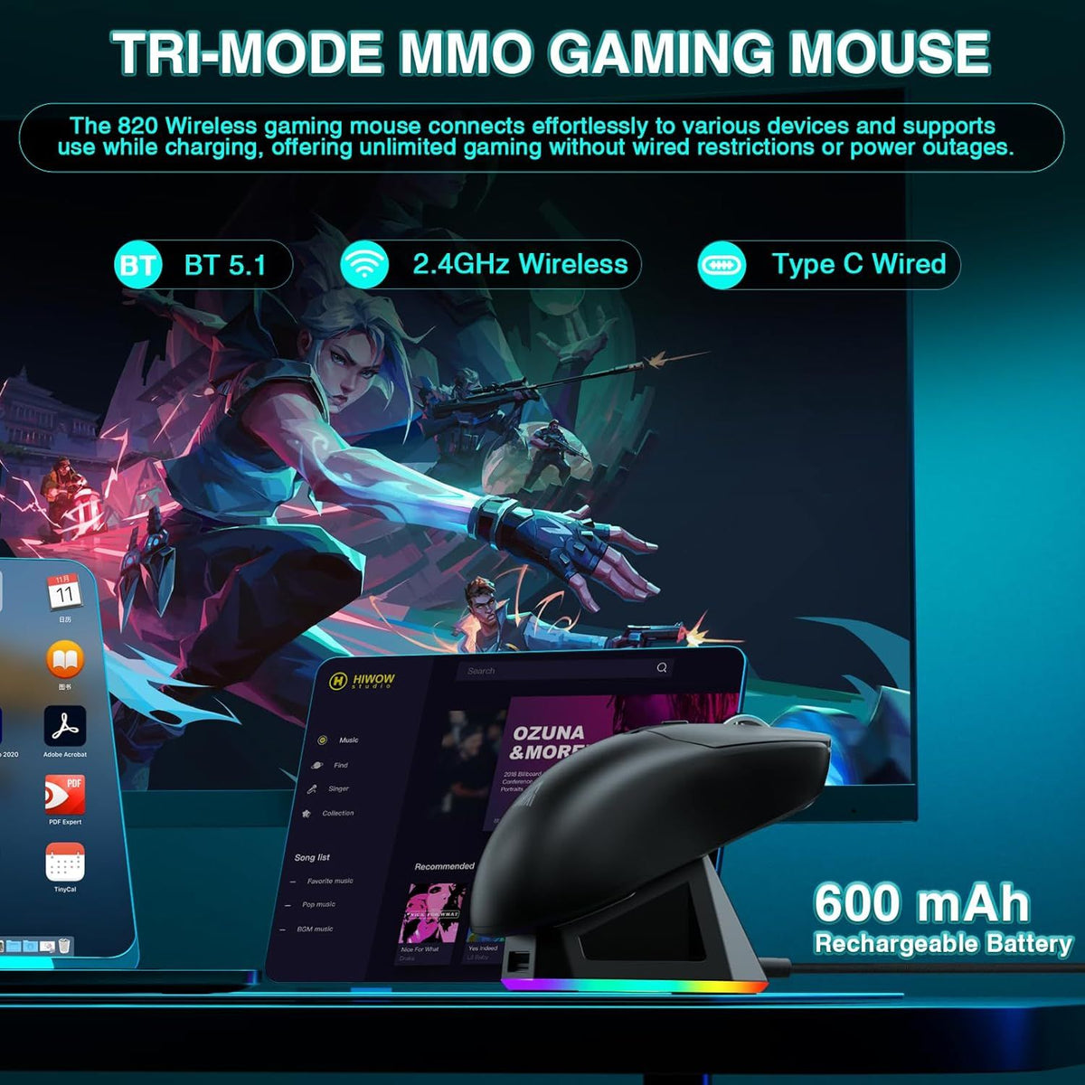 SOLAKAKA SM820 Wireless Gaming Mouse with RGB Charging Dock,24000 DPI Tri-Modes Wireless Mouse,black