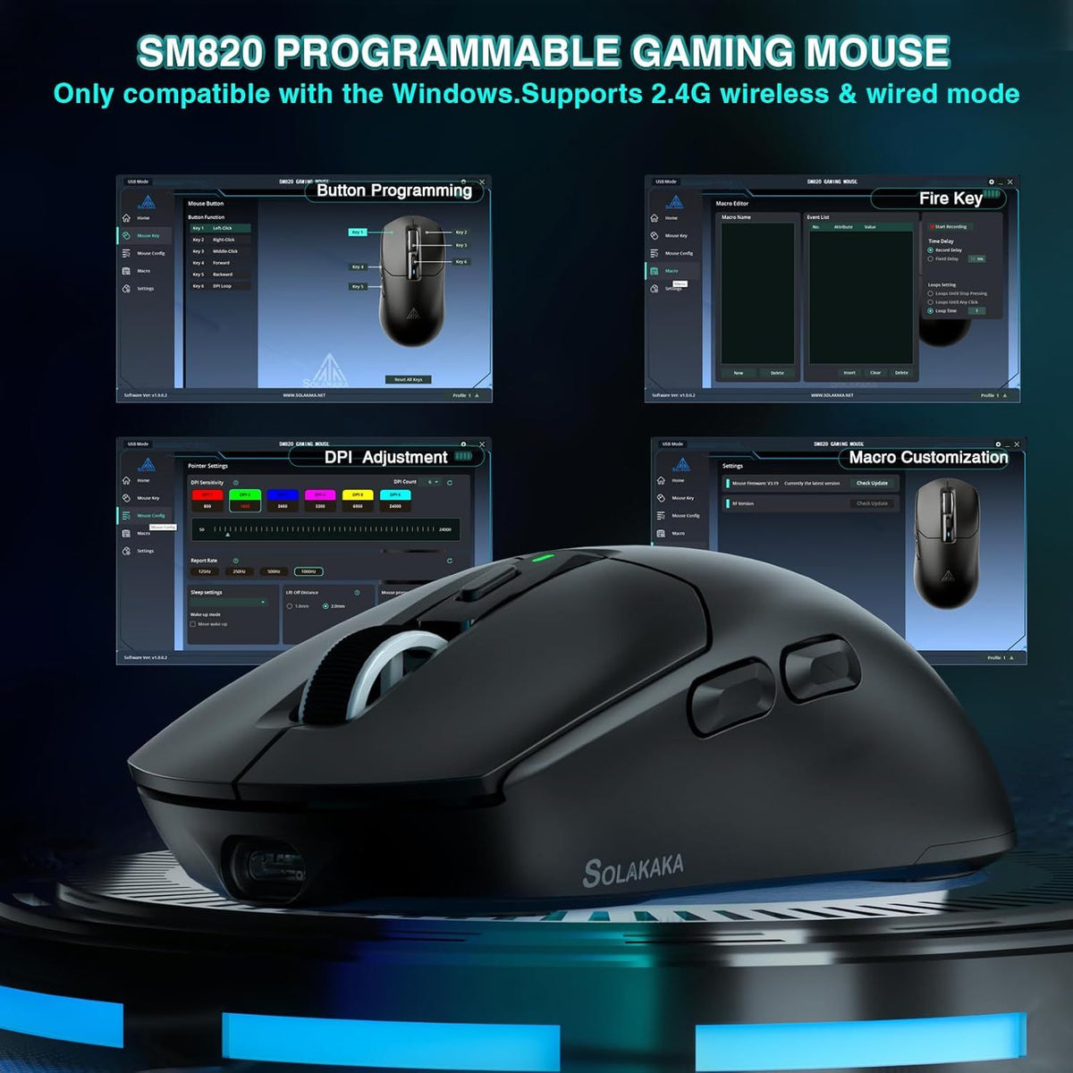 SOLAKAKA SM820 Wireless Gaming Mouse with RGB Charging Dock,24000 DPI Tri-Modes Wireless Mouse,black