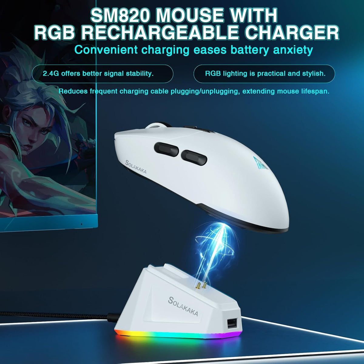SOLAKAKA SM820 Wireless Gaming Mouse with RGB Charging Dock,24000 DPI Tri-Modes Wireless Mouse,white