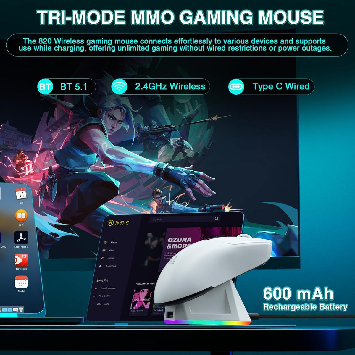 SOLAKAKA SM820 Wireless Gaming Mouse with RGB Charging Dock,24000 DPI Tri-Modes Wireless Mouse,white