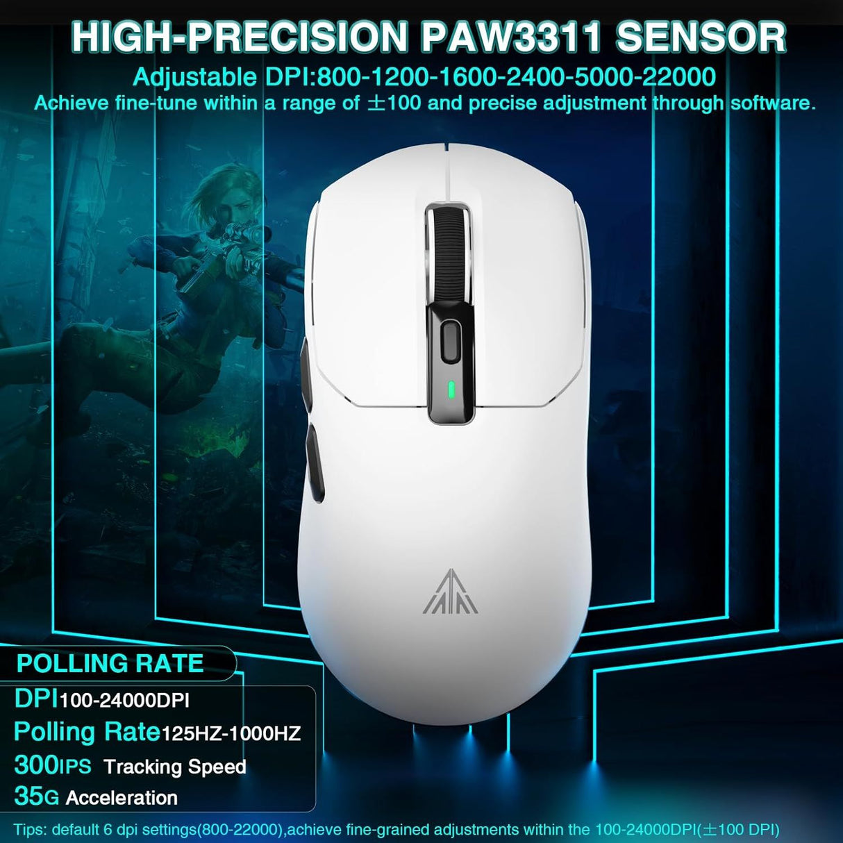 SOLAKAKA SM820 Wireless Gaming Mouse with RGB Charging Dock,24000 DPI Tri-Modes Wireless Mouse,white