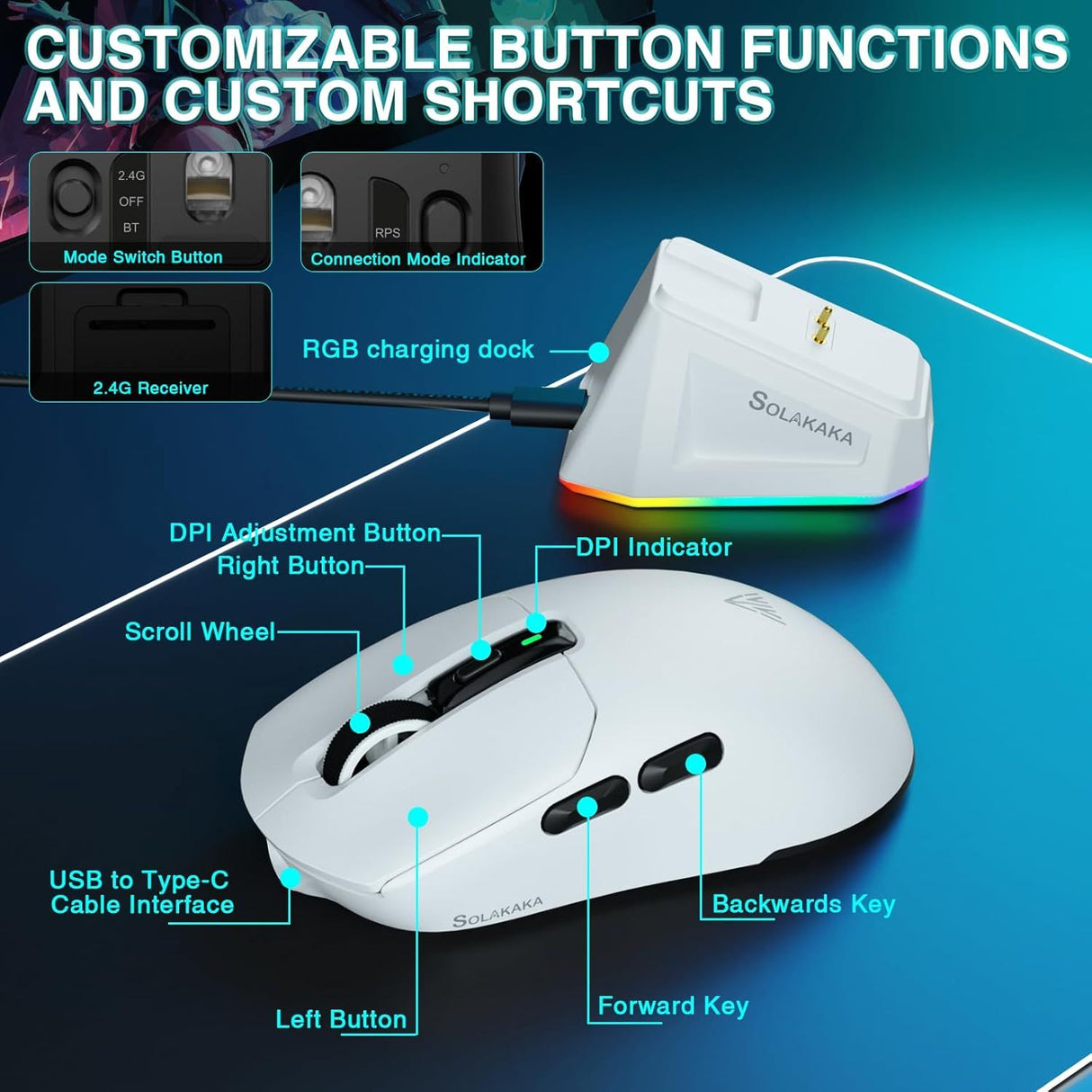 SOLAKAKA SM820 Wireless Gaming Mouse with RGB Charging Dock,24000 DPI Tri-Modes Wireless Mouse,white