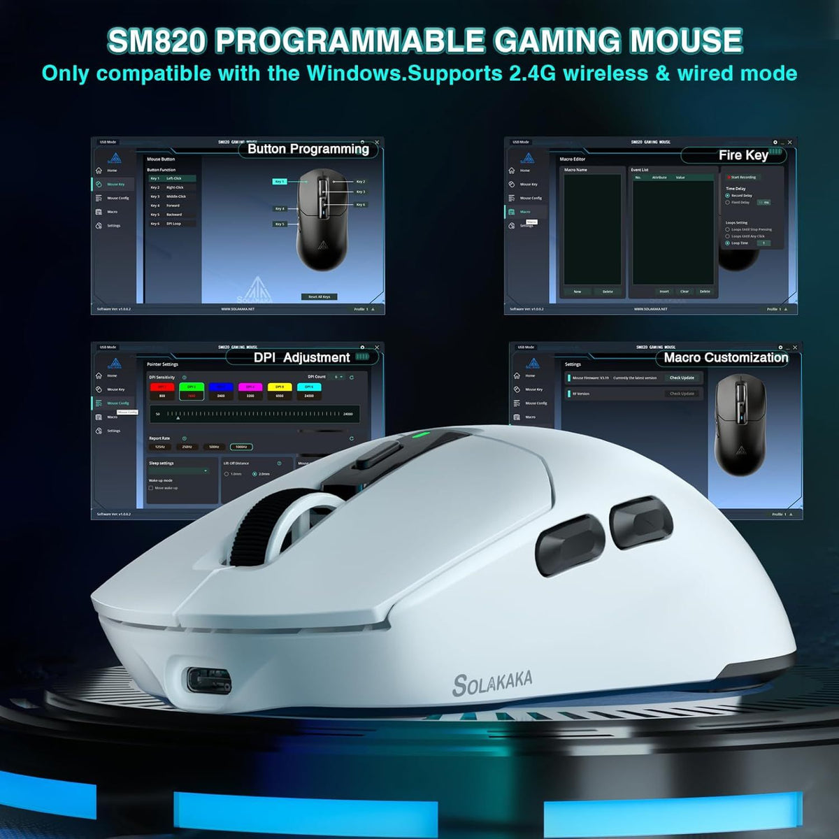 SOLAKAKA SM820 Wireless Gaming Mouse with RGB Charging Dock,24000 DPI Tri-Modes Wireless Mouse,white
