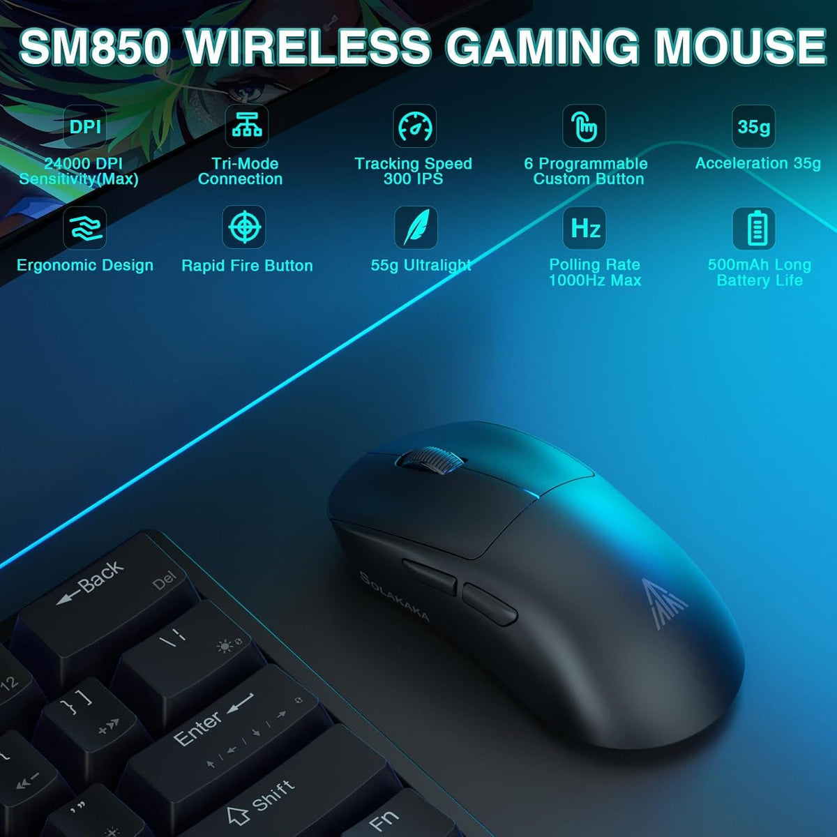 SOLAKAKA SM850 Ergonomic Tri-Mode Wireless RGB Gaming Mouse,black