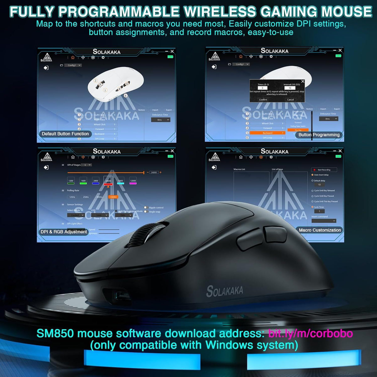 SOLAKAKA SM850 Ergonomic Tri-Mode Wireless RGB Gaming Mouse,black
