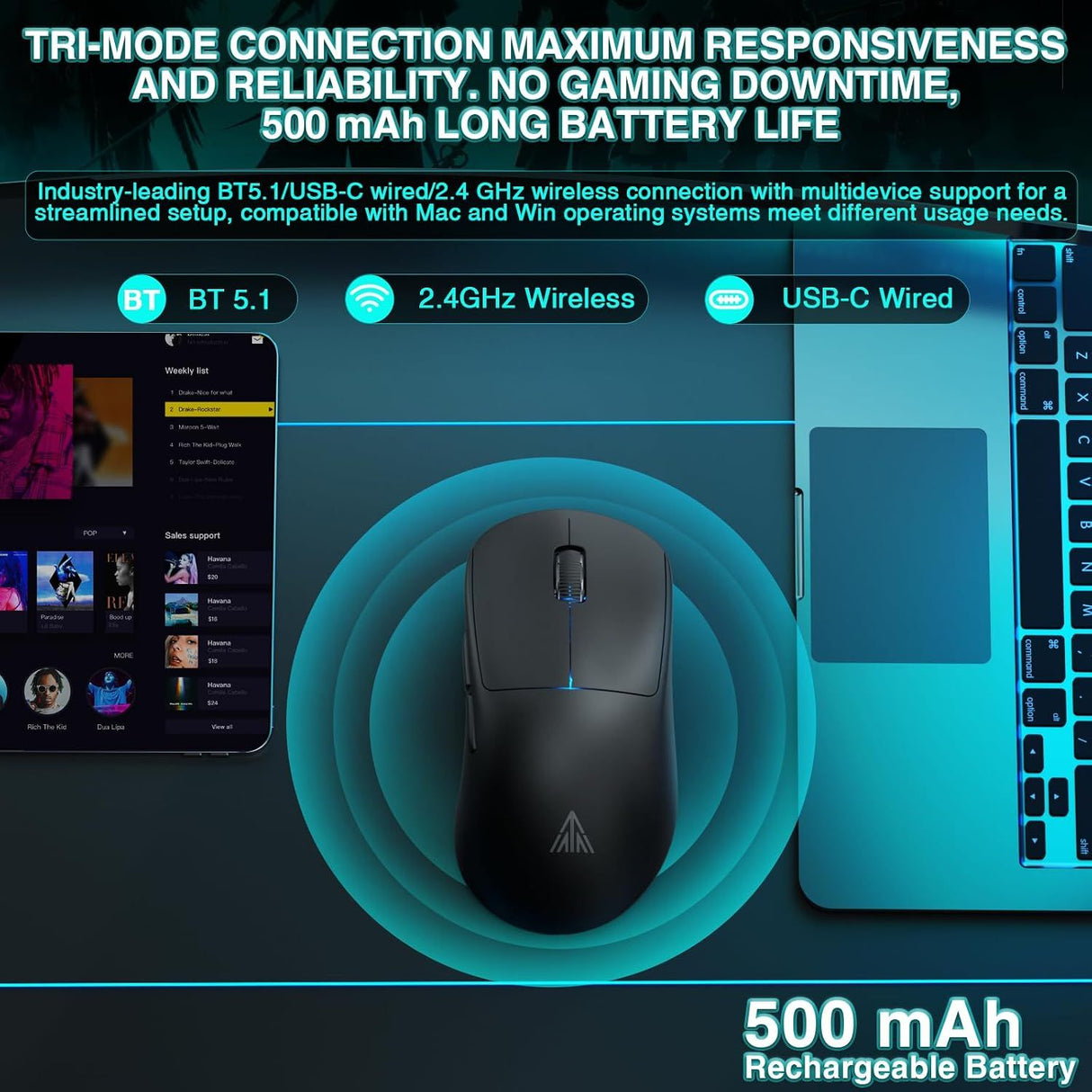 SOLAKAKA SM850 Ergonomic Tri-Mode Wireless RGB Gaming Mouse,black