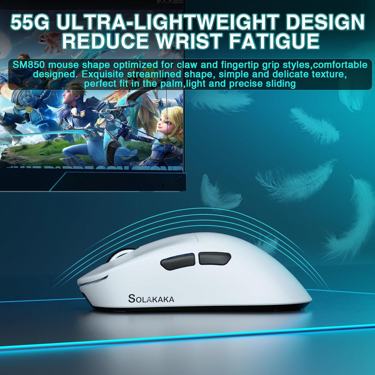 SOLAKAKA SM850 Ergonomic Tri-Mode Wireless RGB Gaming Mouse,white