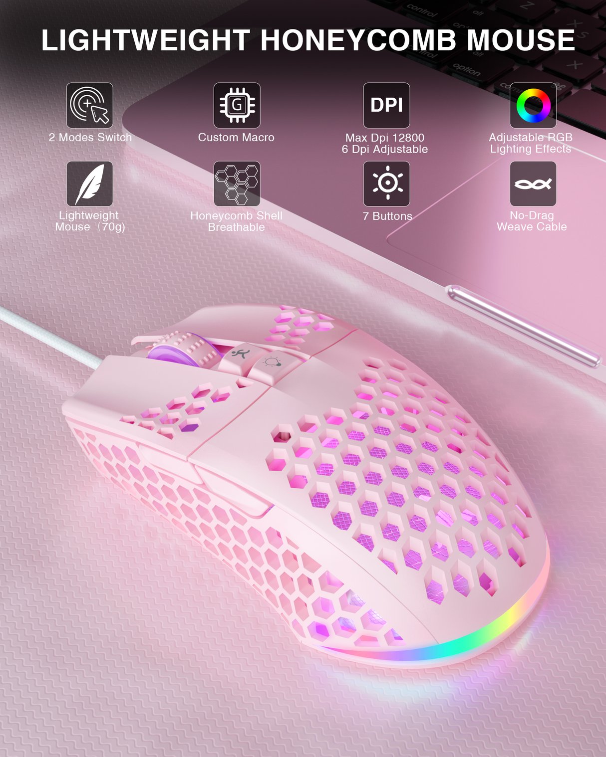 SOLAKAKA SM900 Wired Gaming Mouse with Honeycomb Shell,pink